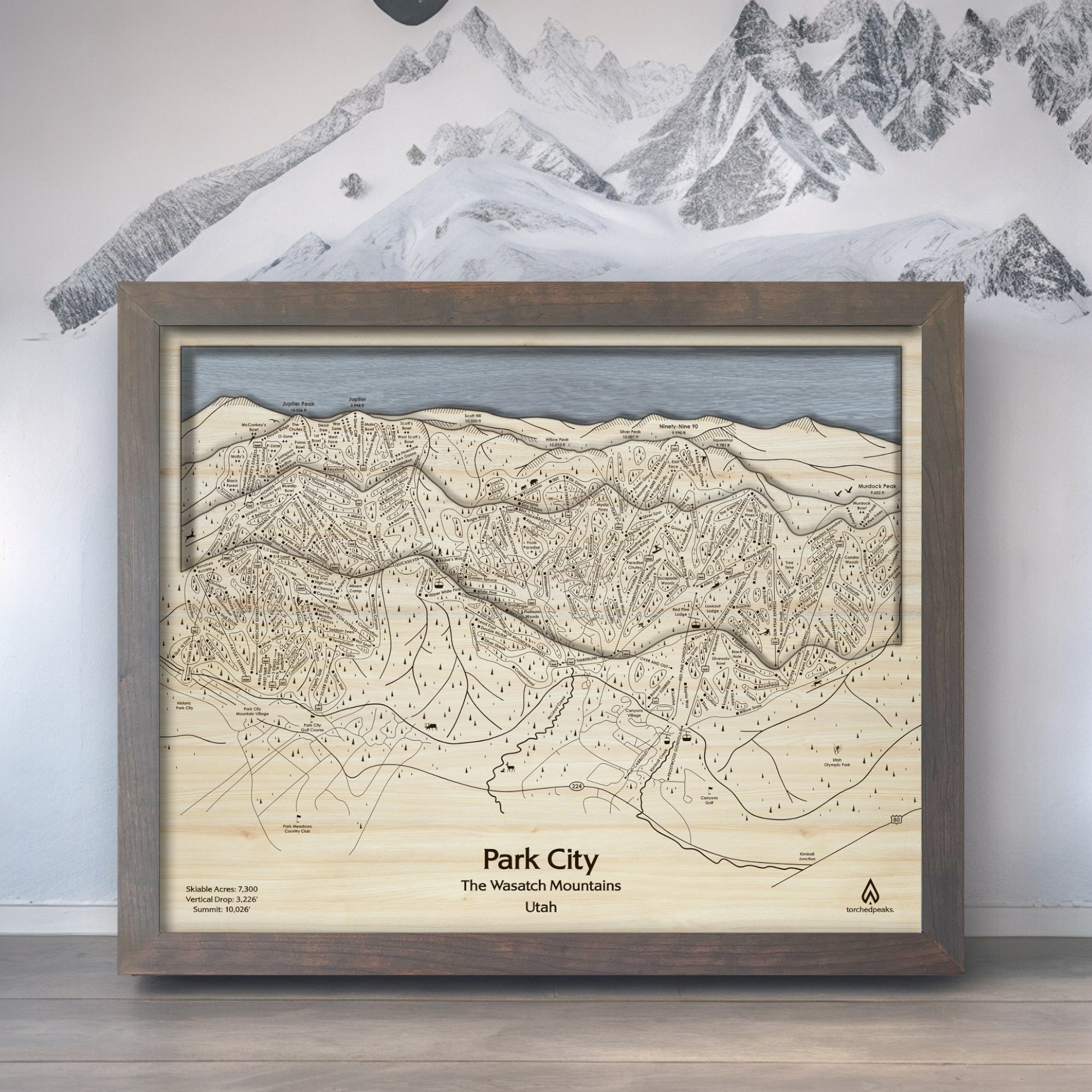 Park City Wooden Map, 3D Layered Mountain Art, Torched Peaks, Slopes Mountain Art