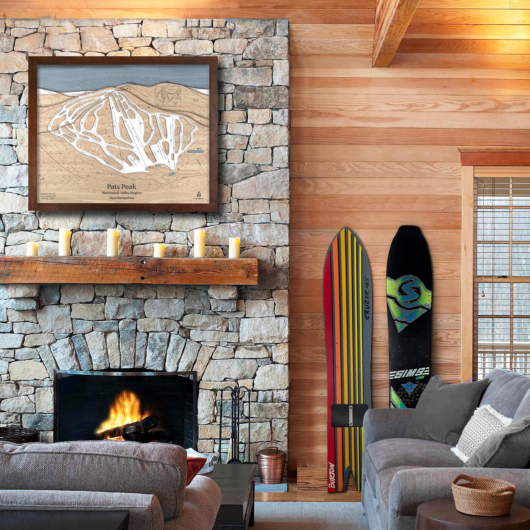 Large framed art print of Pats Peak Ski resort above a mantle in a rustic skiing cabin. 