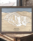 Framed 3d wood map of Pats Peak ski resort on a wooden surface in a rustic ski cabin. 