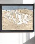 Framed 3D layered wood map of Pats Peak Ski Resort on a white wall in a modern ski house. 