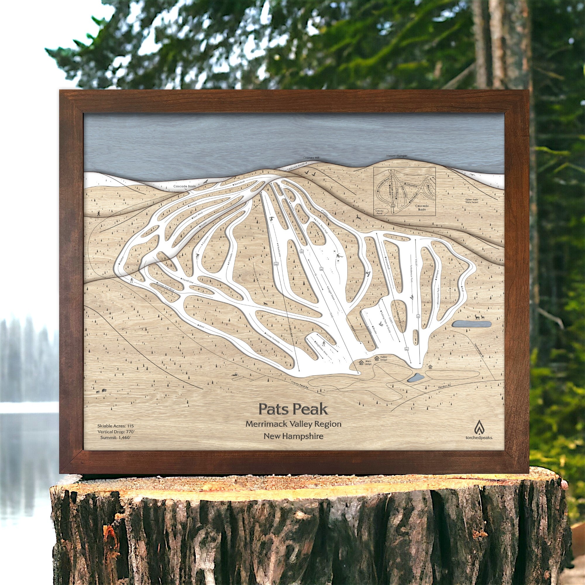 Wooden 3D layered map of Pats Peak ski trails on a wooden stump with a natural background