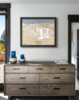 Frame artwork of Pat Peak ski slopes on a wall in a modern ski house. 