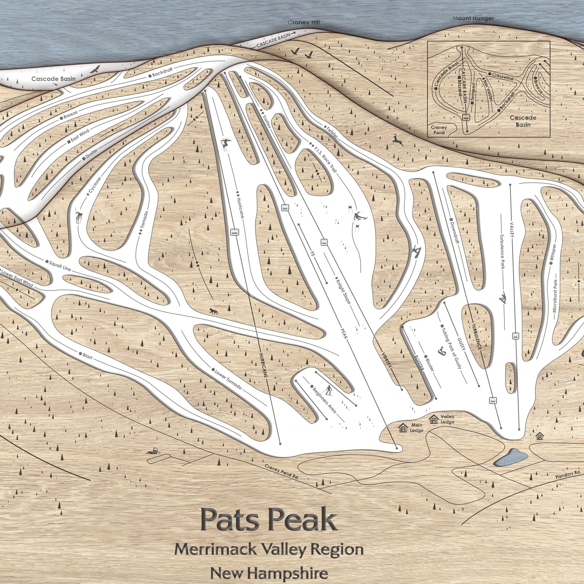 Laser-cut, engraved wood map of Pats Peak ski resort in New Hampshire with detailed layout and annotations.