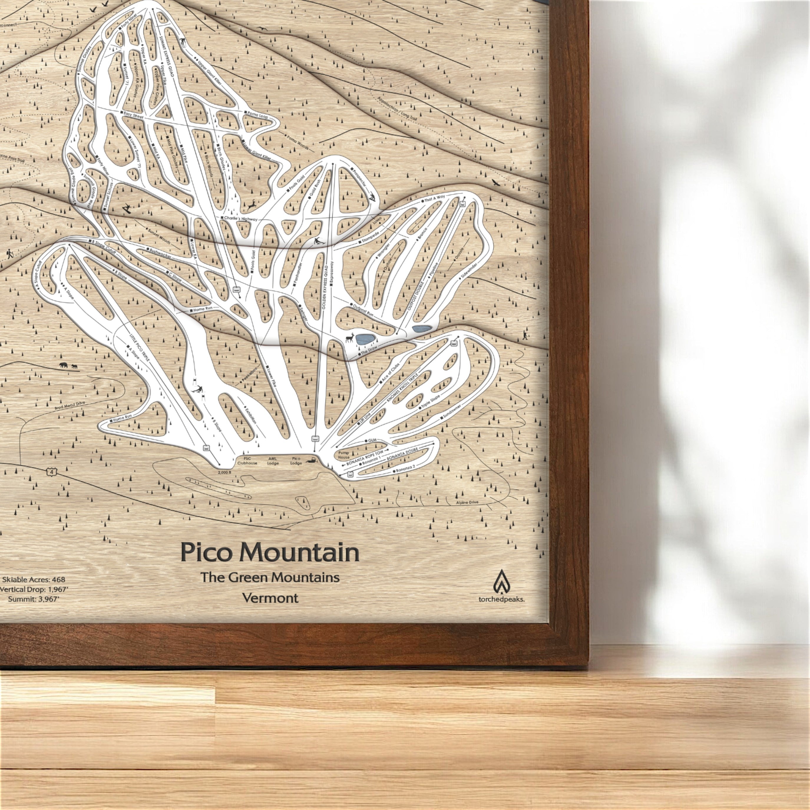 Pico Mountain Vermont Ski Resort Map, Framed Wall art for skiers