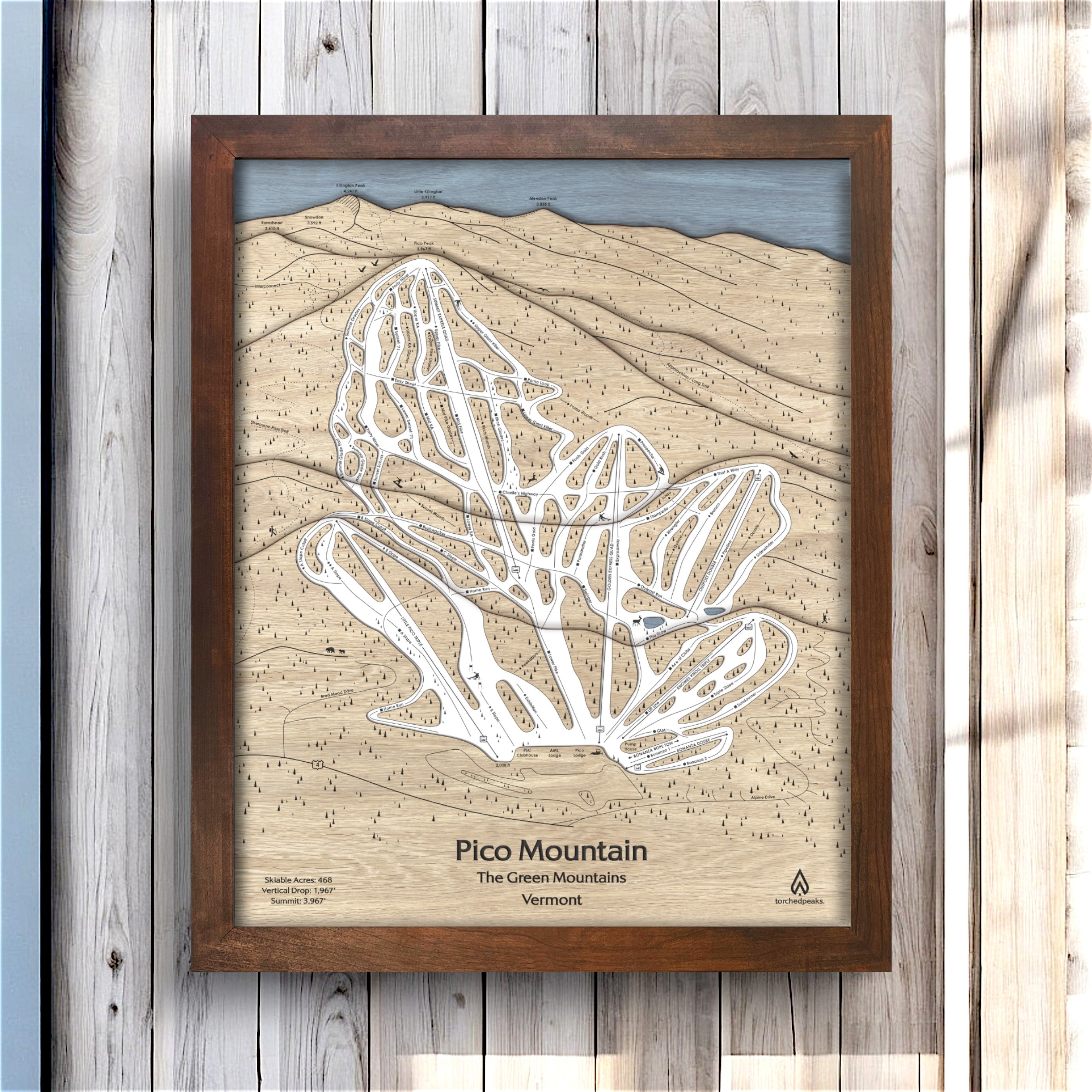 Pico Mountain at Killington, Ski Map, Wood carved map, Ski Decor