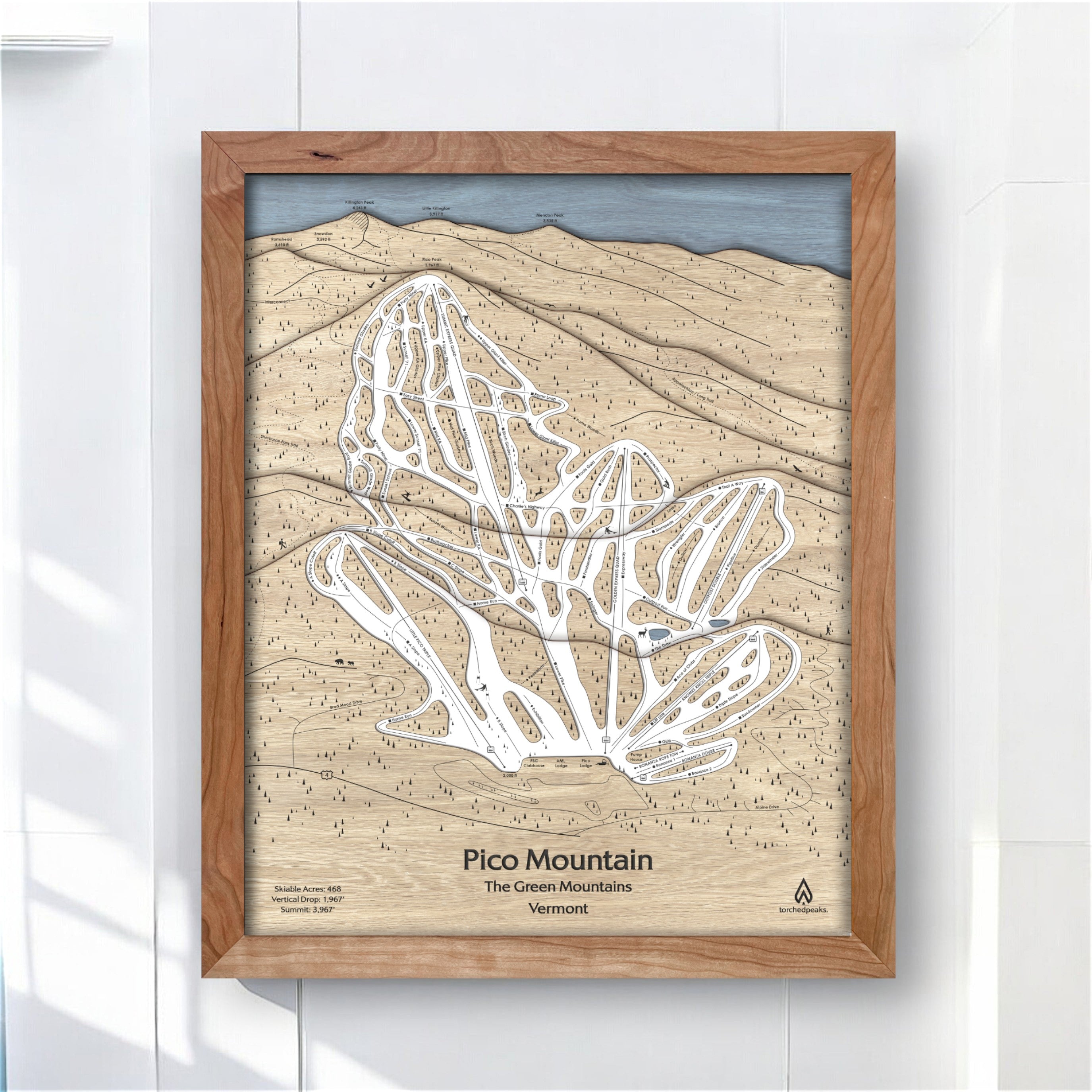 Pico Mountain Wooden Map, Ski Resort Trail map engraved in wood, Unique wall art for skiers