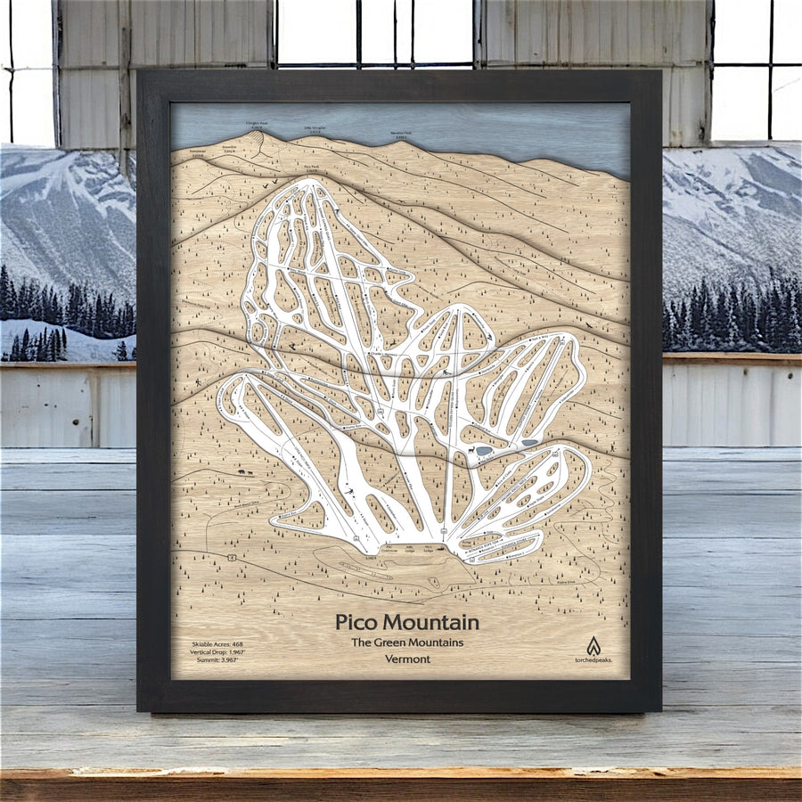 Pico Mountain Wooden Map, Laser-cut map of Pico Vermont, 3D Wood Map