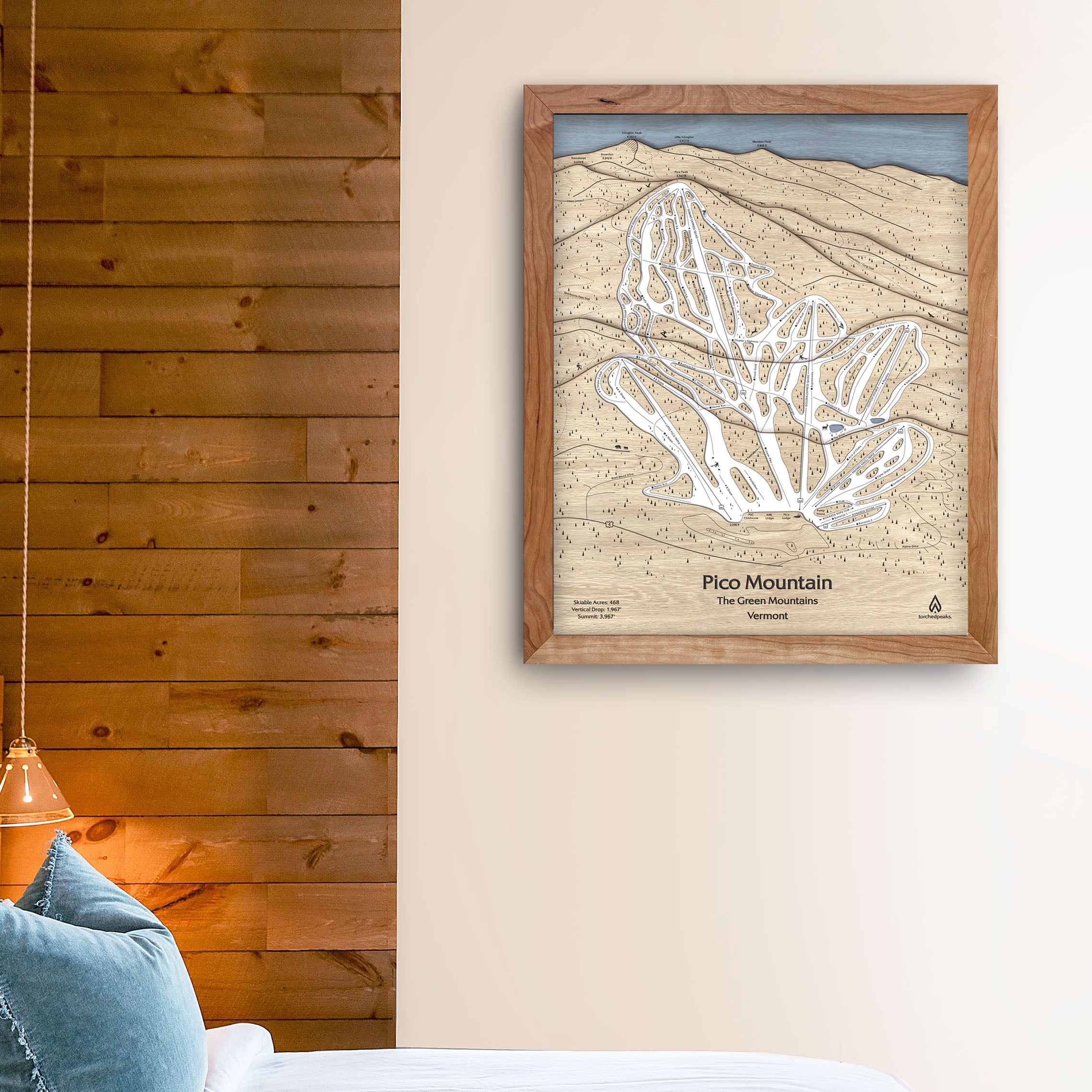 Pico Mountain Ski Cabin Art,  Engraved Wooden Map