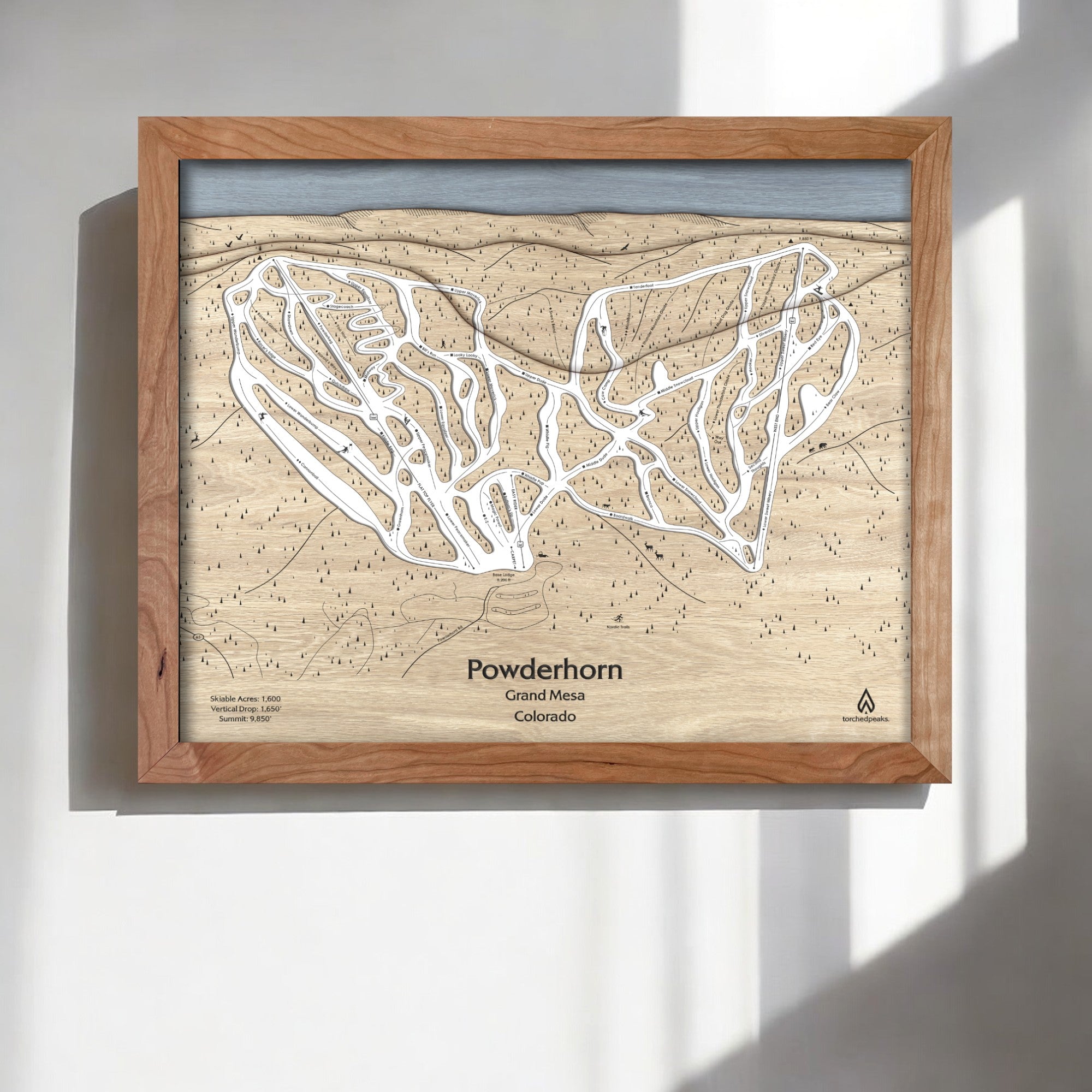 Powderhorn Ski Trail Map, Framed wooden map, Ski Decor