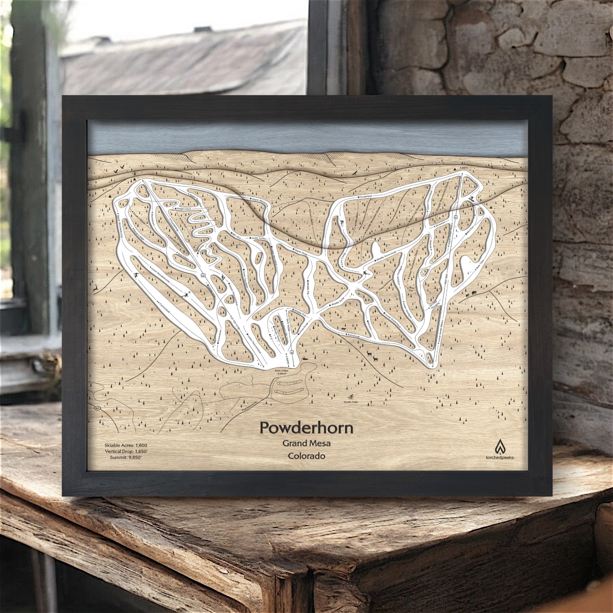 Powderhorn 3D Wood Ski Resort Map, Framed Wall Map