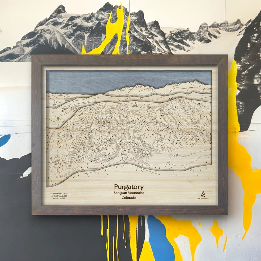 3D Wood Laser-engraved map of Purgatory Ski Resort, Designed by Artist Shawn Orecchio
