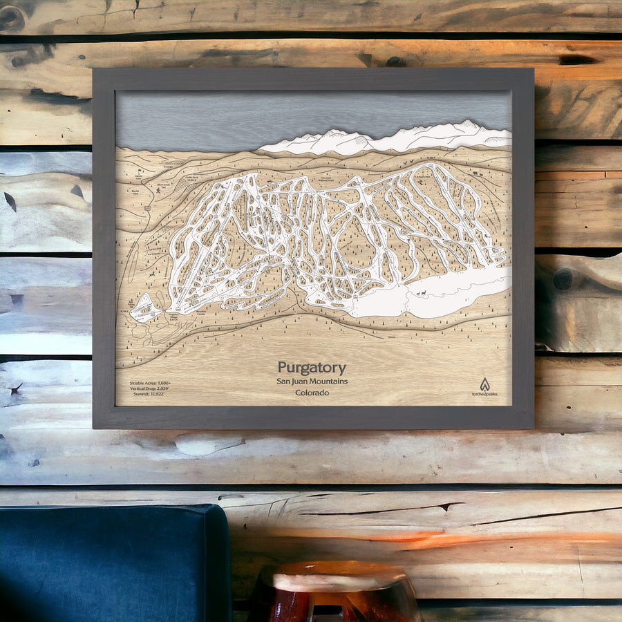 Ski Cabin Decor: Wooden Map of Purgatory Ski Area, Colorado
