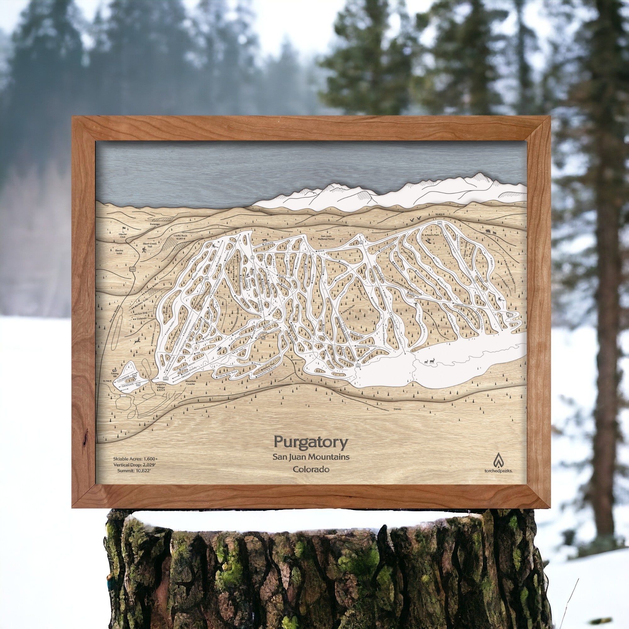 Best gift for skiers: Framed Map, Natural Wood, Purgatory Ski Resort Trail Map