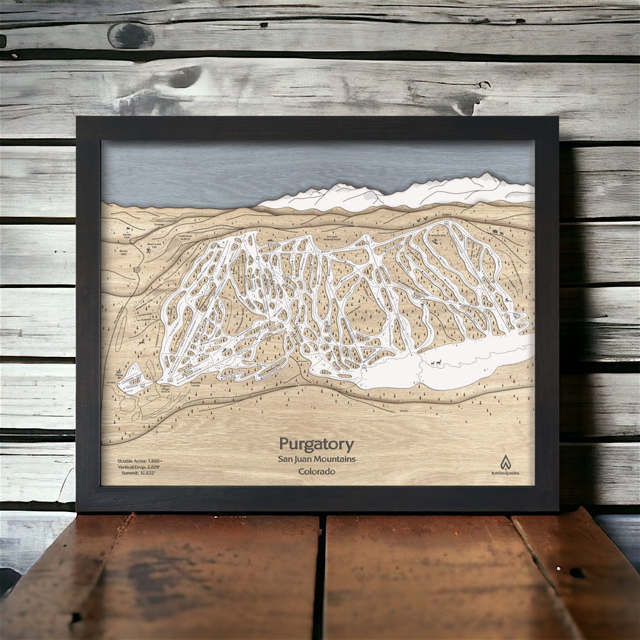 Handcrafted map featuring Purgatory Ski Resort. Framed, Wooden Skiing Art