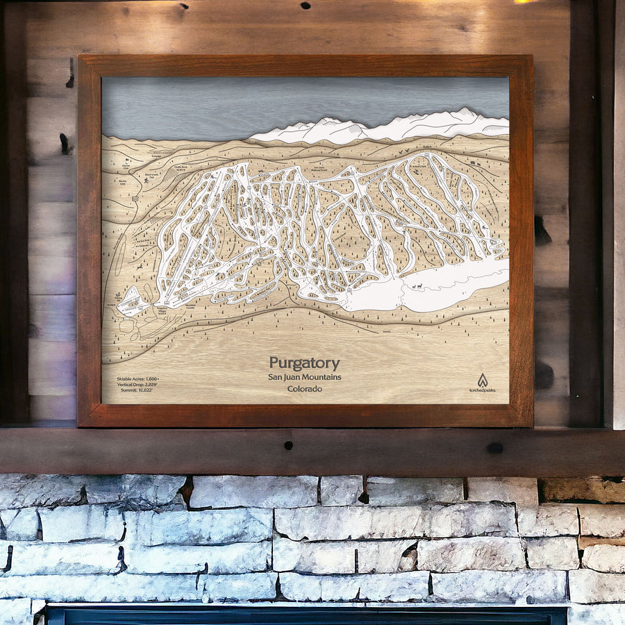 Purgatory Ski Trail Map, Wooden Wall Art, Framed, Laser-engraved. 