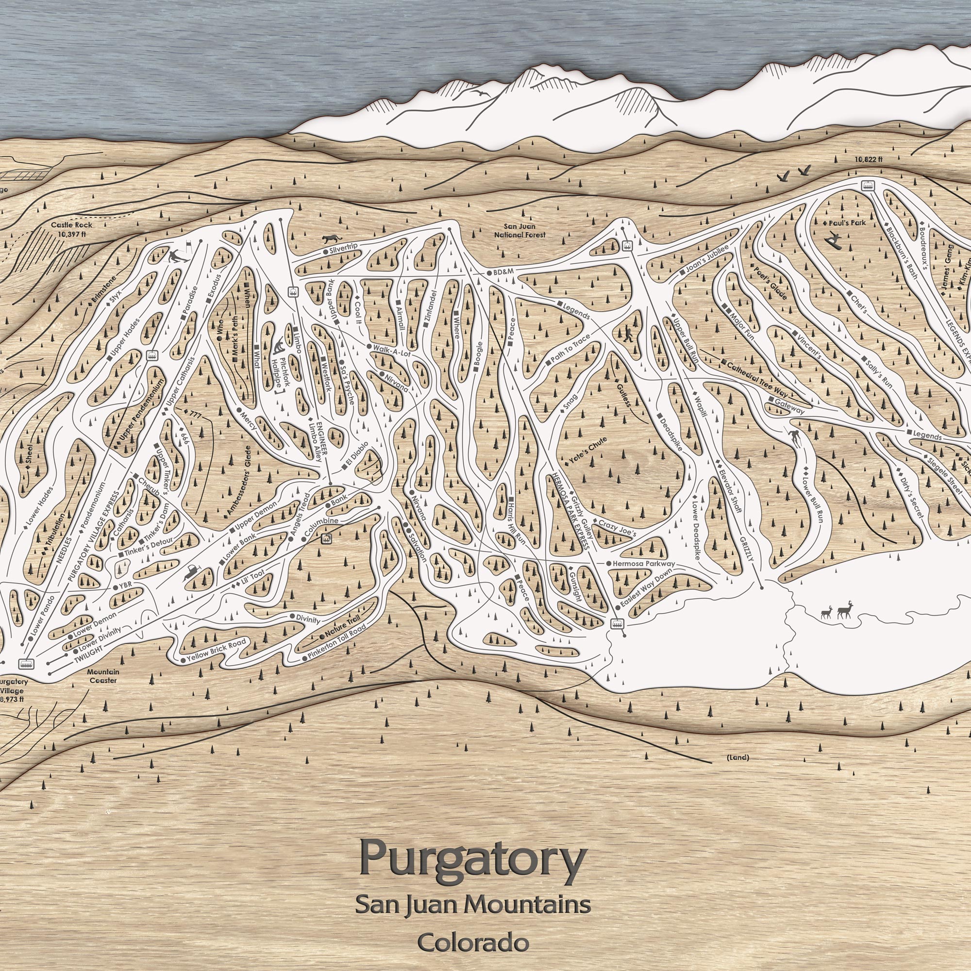Laser-engraved map art: 3D Purgatory Wooden Ski Resort Map