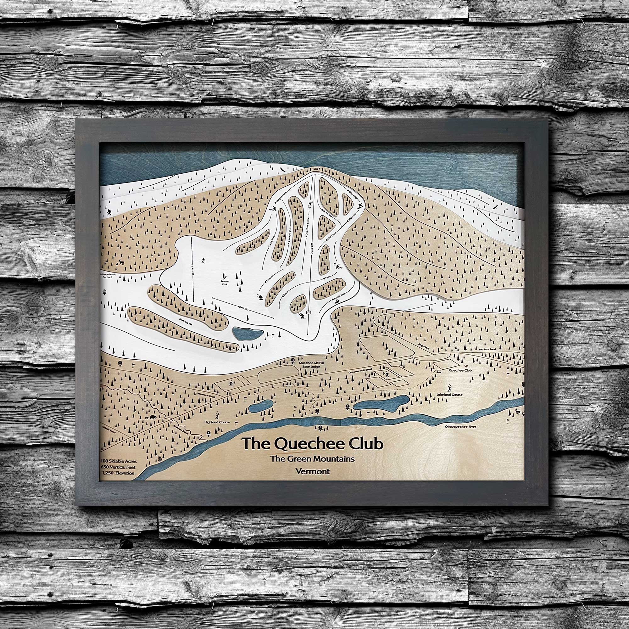 Quechee Club, VT Ski Trail Map | Laser Engraved Ski Slope Mountain Art | Torched Peaks