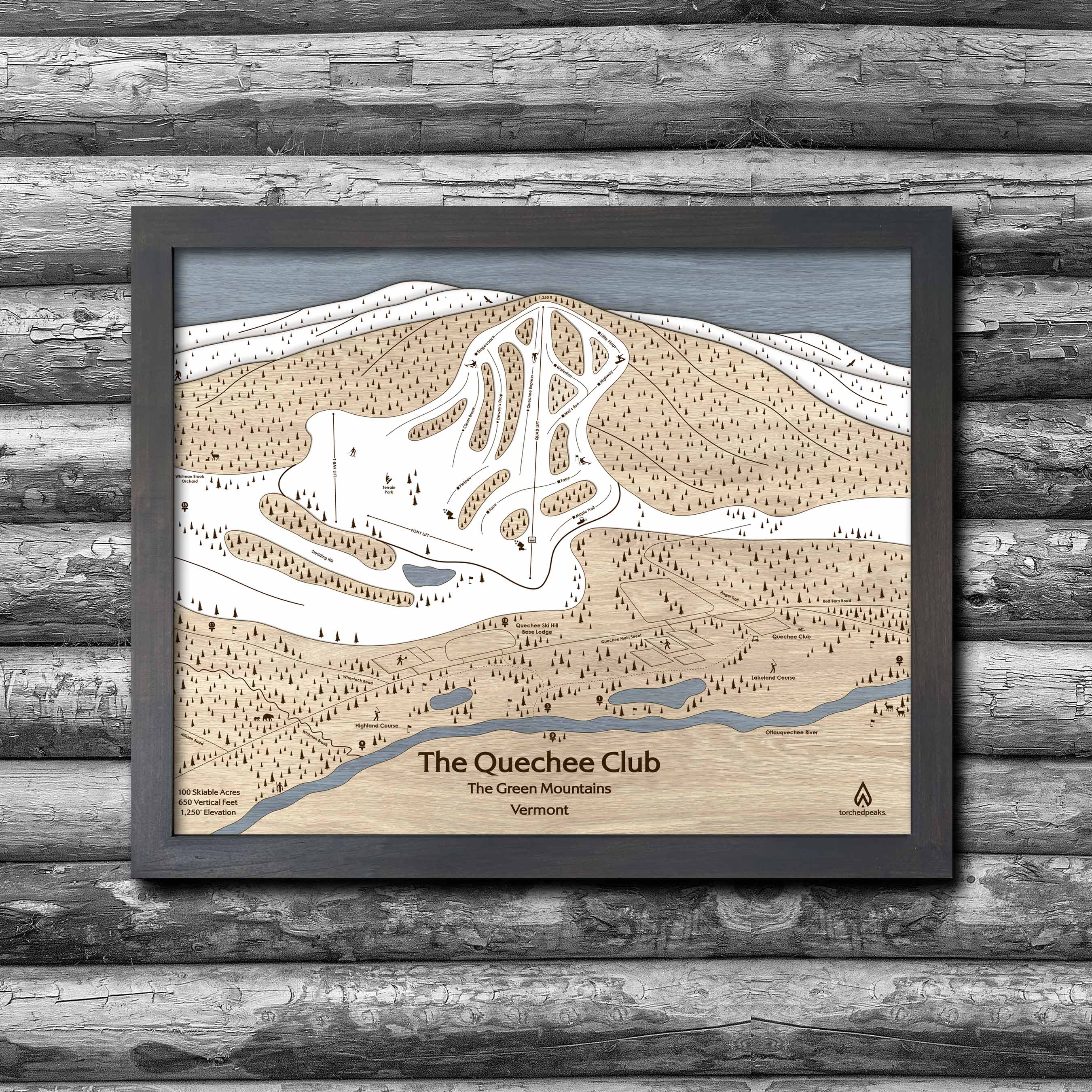 Quechee Club, VT Ski Trail Map | Laser Engraved Ski Slope Mountain Art | Torched Peaks