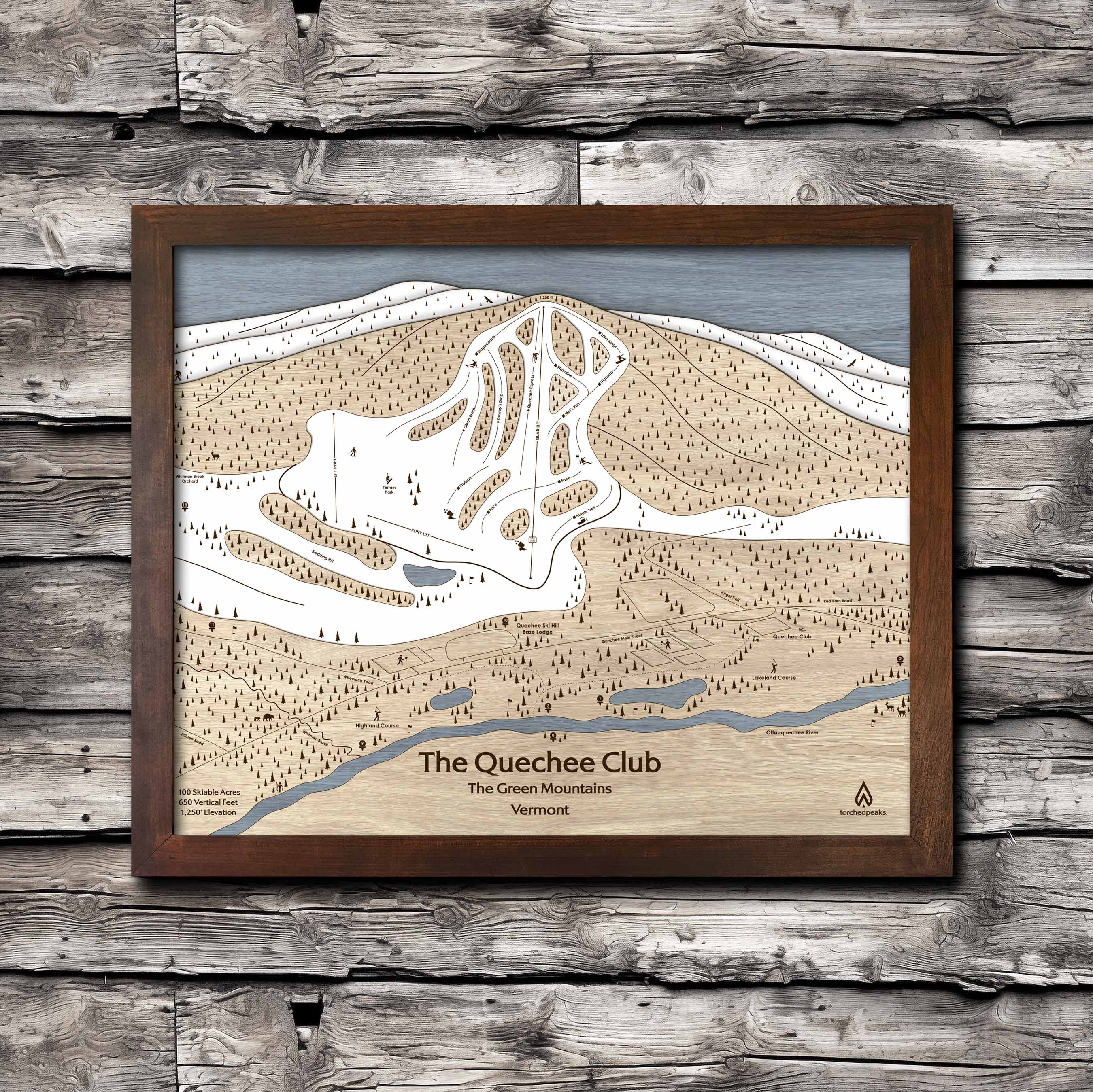 Quechee Club, VT Ski Trail Map | Laser Engraved Ski Slope Mountain Art | Torched Peaks