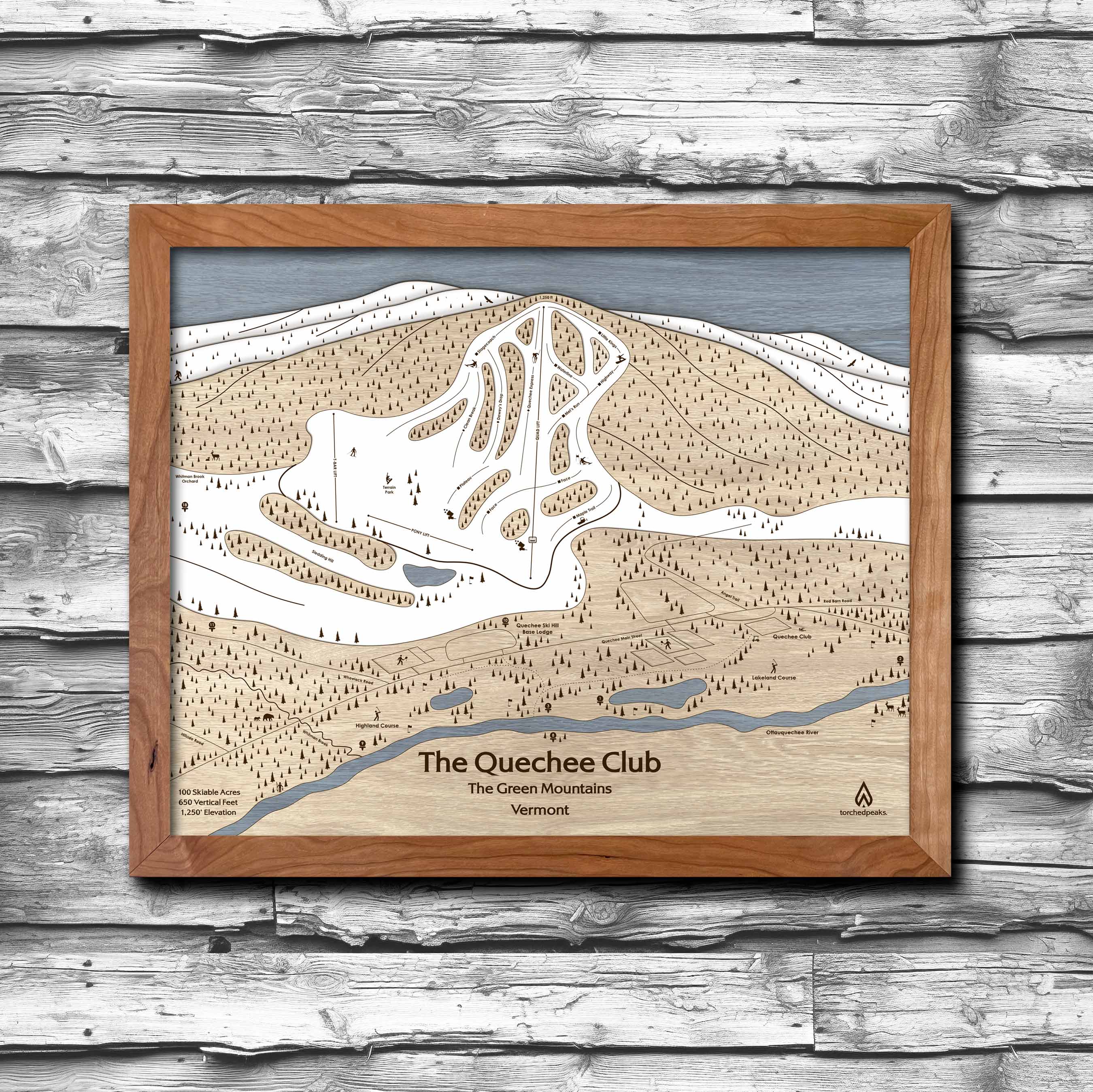 Quechee Club, VT Ski Trail Map | Laser Engraved Ski Slope Mountain Art | Torched Peaks