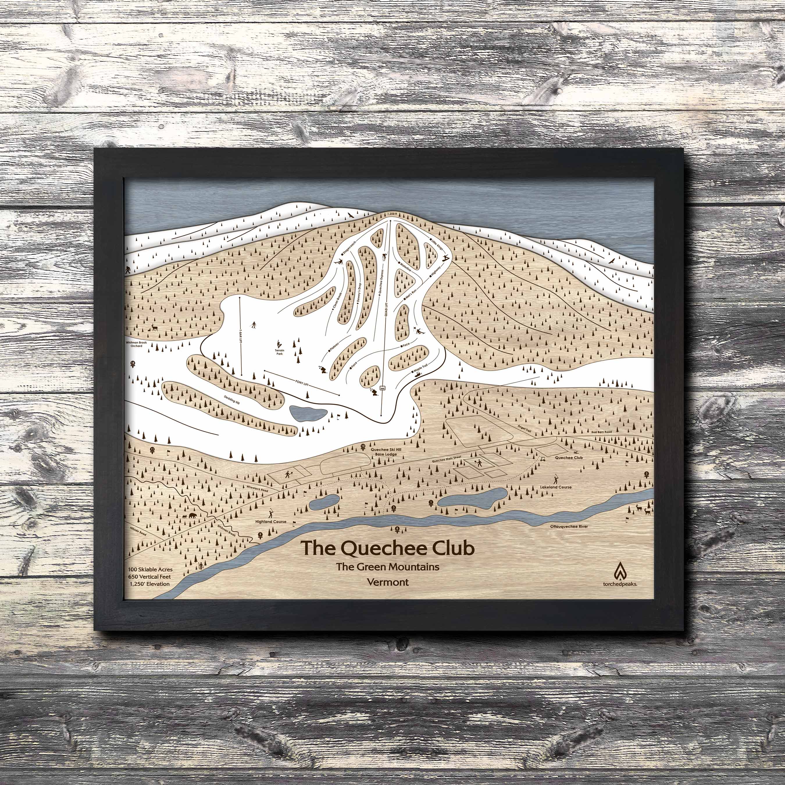 Quechee Club, VT Ski Trail Map | Laser Engraved Ski Slope Mountain Art | Torched Peaks