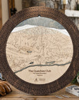 Rustic Mocha Quechee Club wooden cribbage board featuring engraved Vermont ski trails, displayed with playing cards.