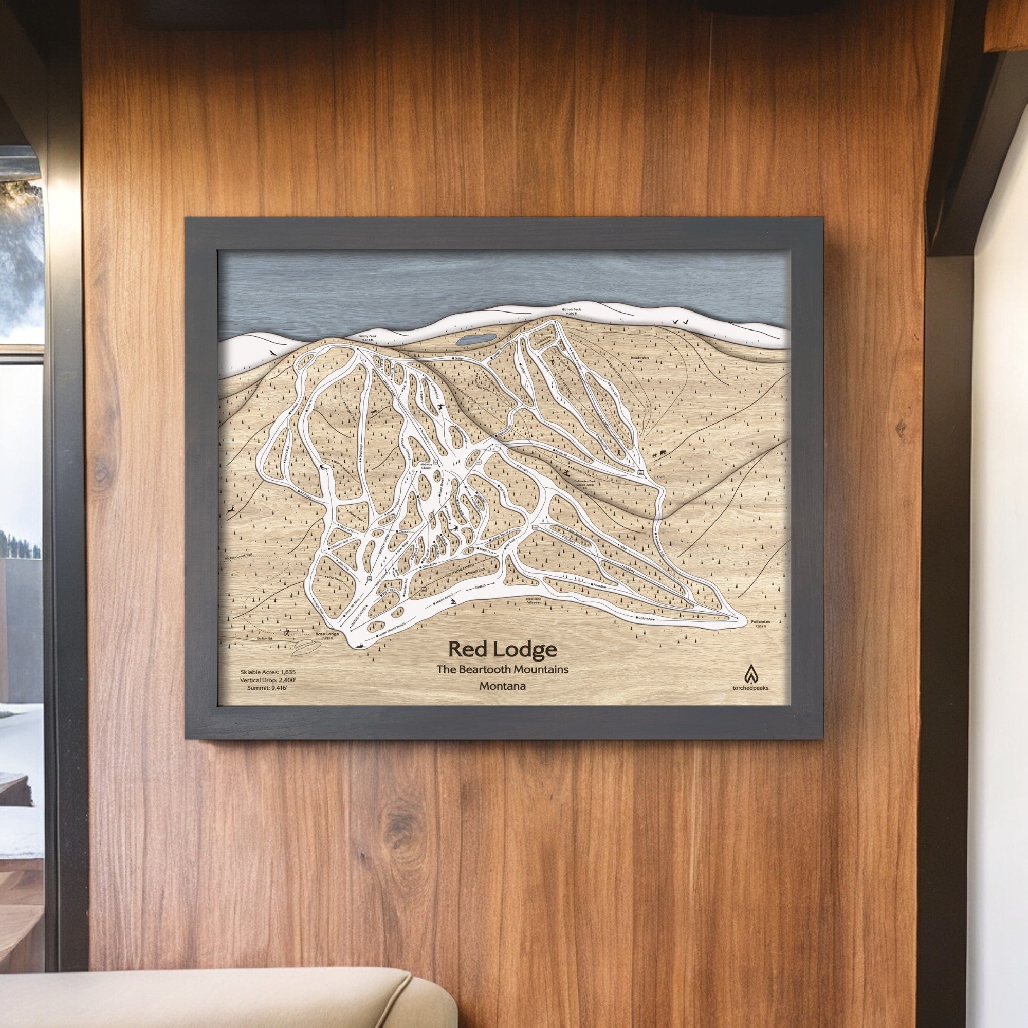 Red Lodge Mountain Ski Resort Map, Layered Handcrafted Wood Map designed by Artists Shawn Orecchio