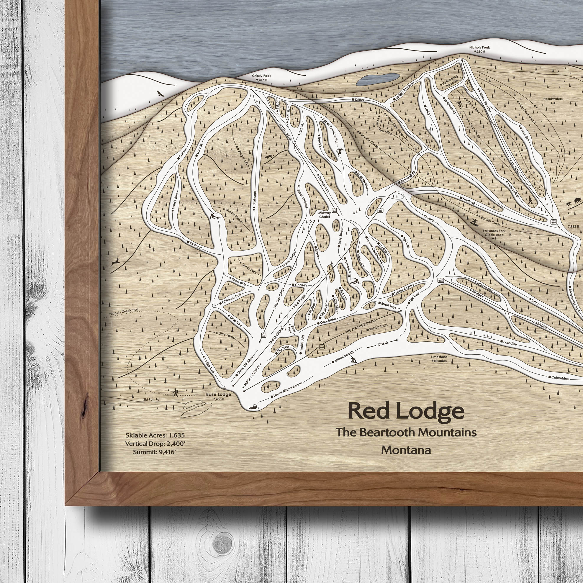 Red Lodge Mountain Laser-engraved Ski Slope Map