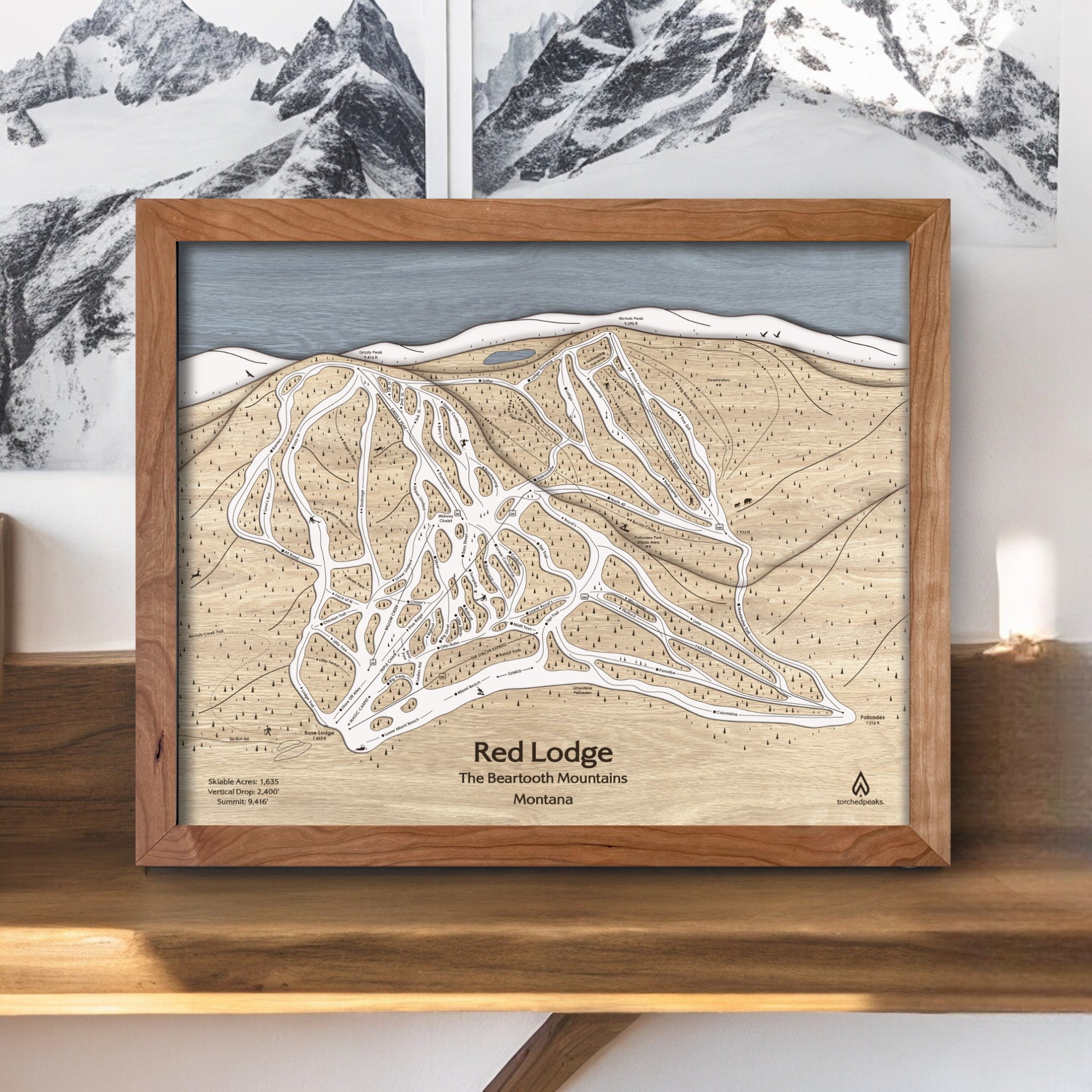 Red Lodge Mountain, Large Ski Trail Map engraved in wood