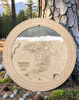 Birch Revelstoke ski trail map cribbage board displayed beside a pine tree in a mountain forest.