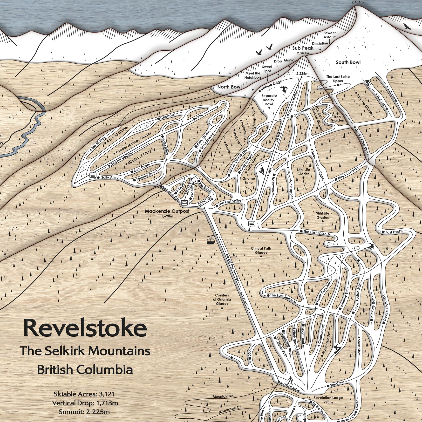 Laser-cut, 3D wood map of Revelstoke Mountain, British Columbia with ski trail details.