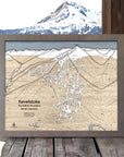 Framed wooden map of Revelstoke Mountain with a mountainous landscape in the background