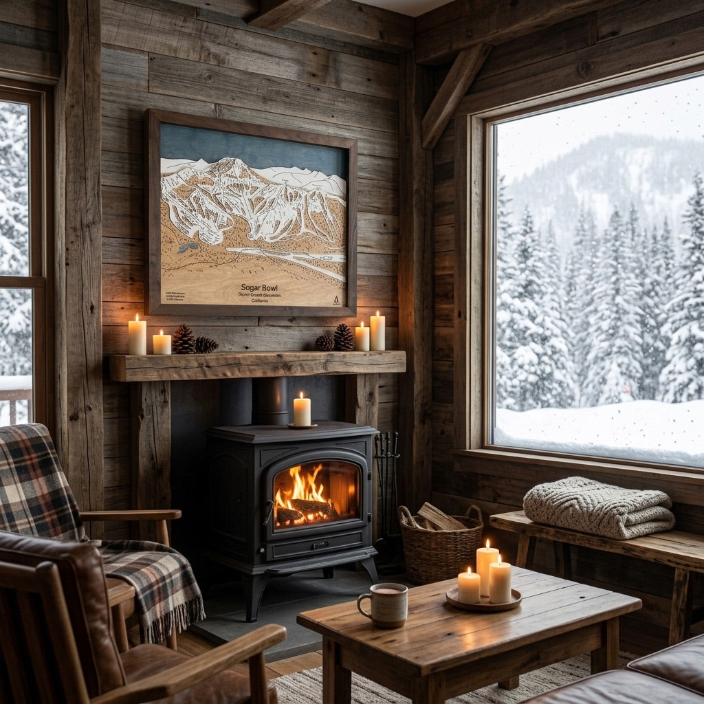Handcrafted Sugar Bowl California wood ski map displayed above a fireplace in a cozy mountain cabin with snowy winter views