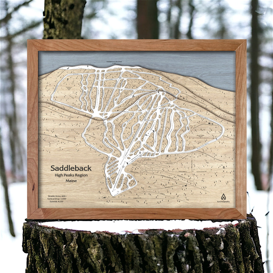 Saddleback Ski Resort Wall Map, Ski Resort Map engraved in wood. 