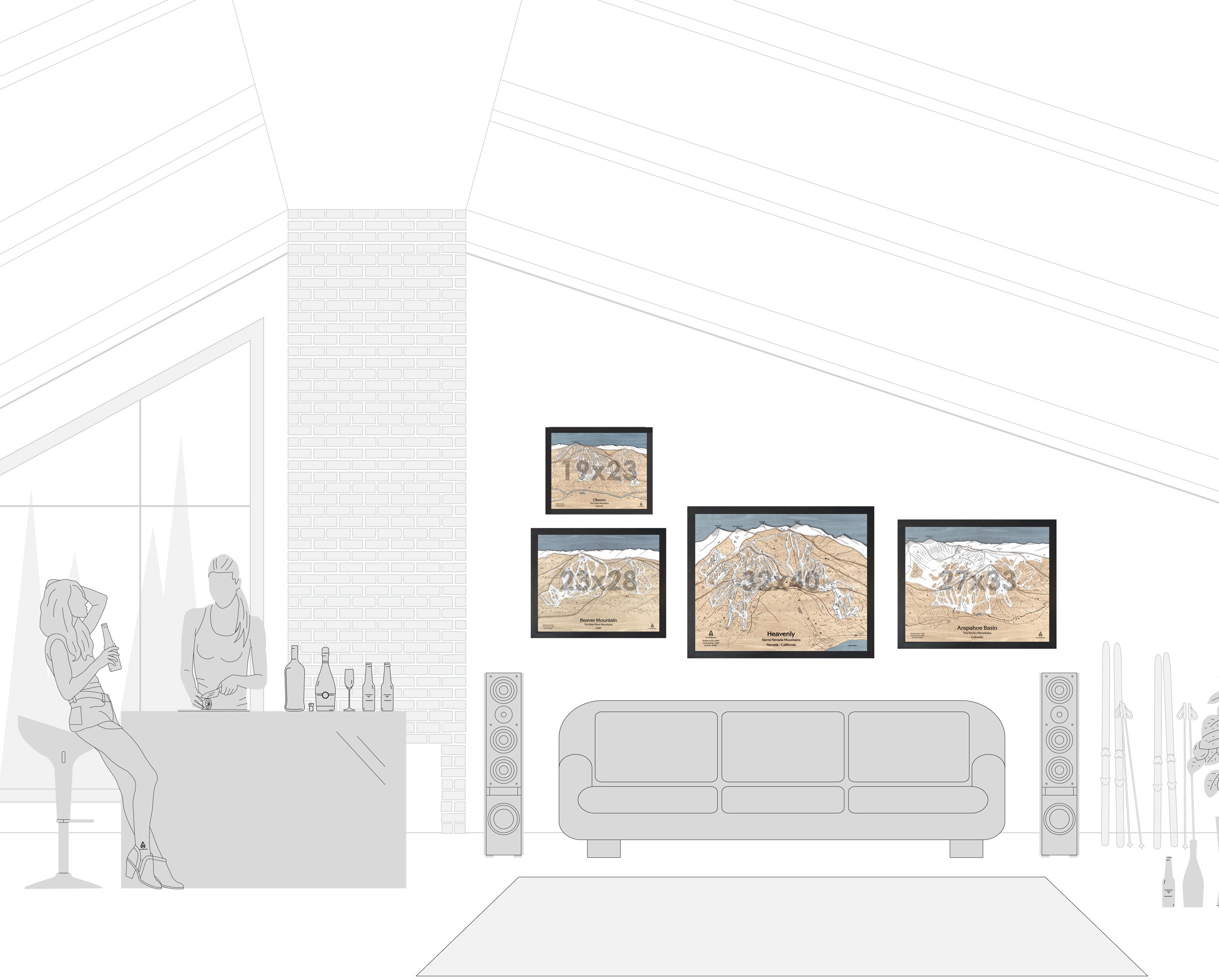 Torched Peaks Summit Collection Wood Ski Maps shown to scale in living room. 