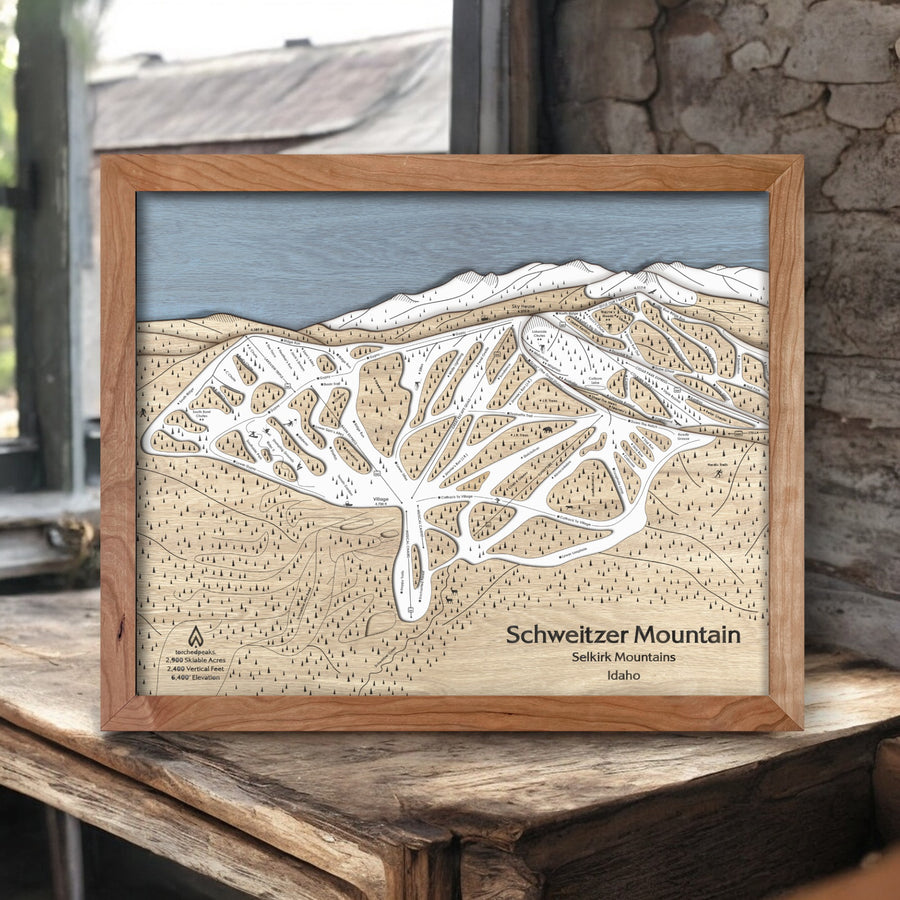 Schweitzer Mountain Idaho, Wooden Ski Trail Map, Unique Skiing Gift