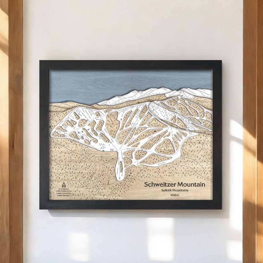 Schweitzer Idaho, Ski Resort Map, Wooden Mountain Art