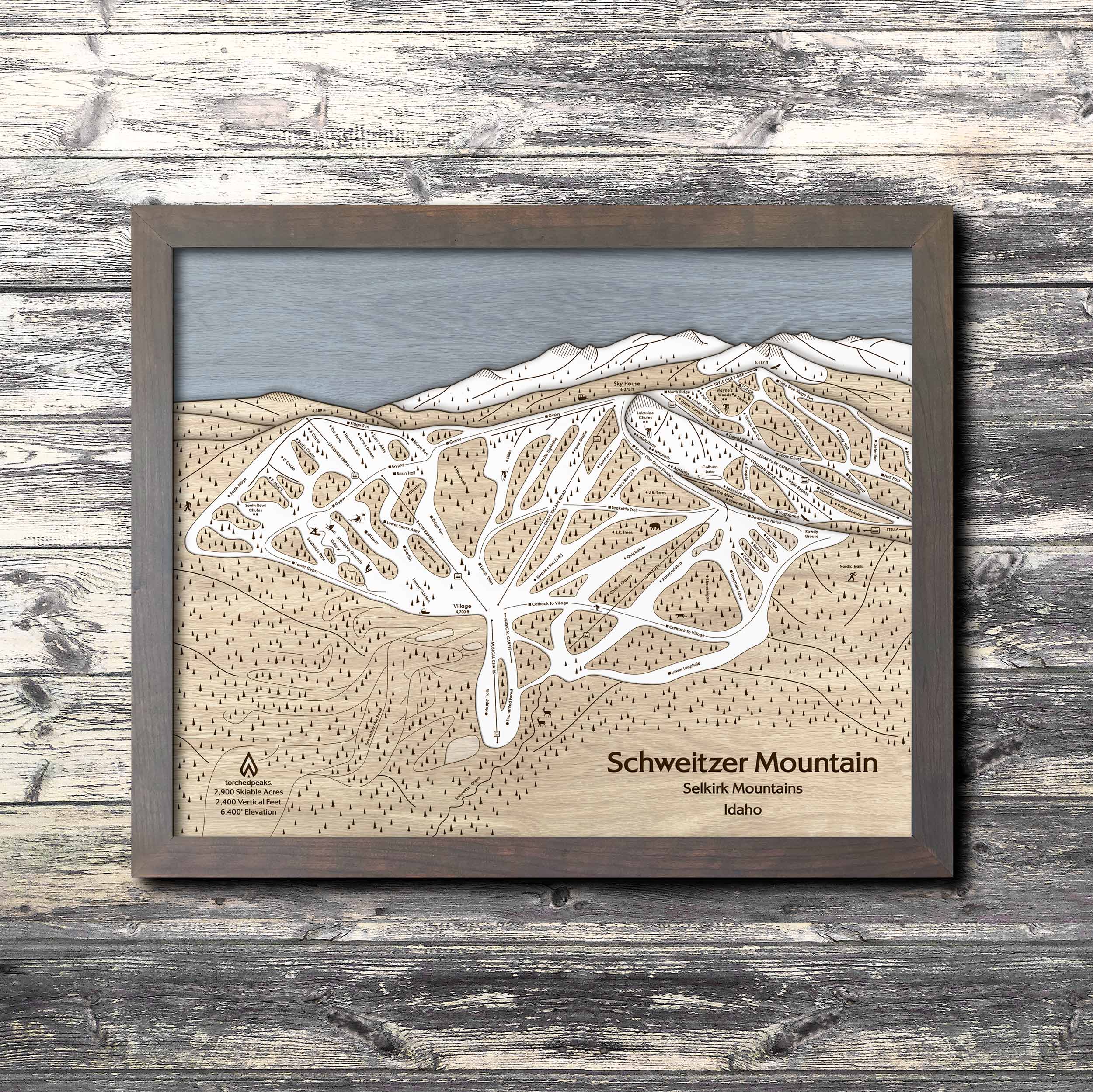 Schweitzer Mountain Ski Trail Map | 3D Wood Mountain Art