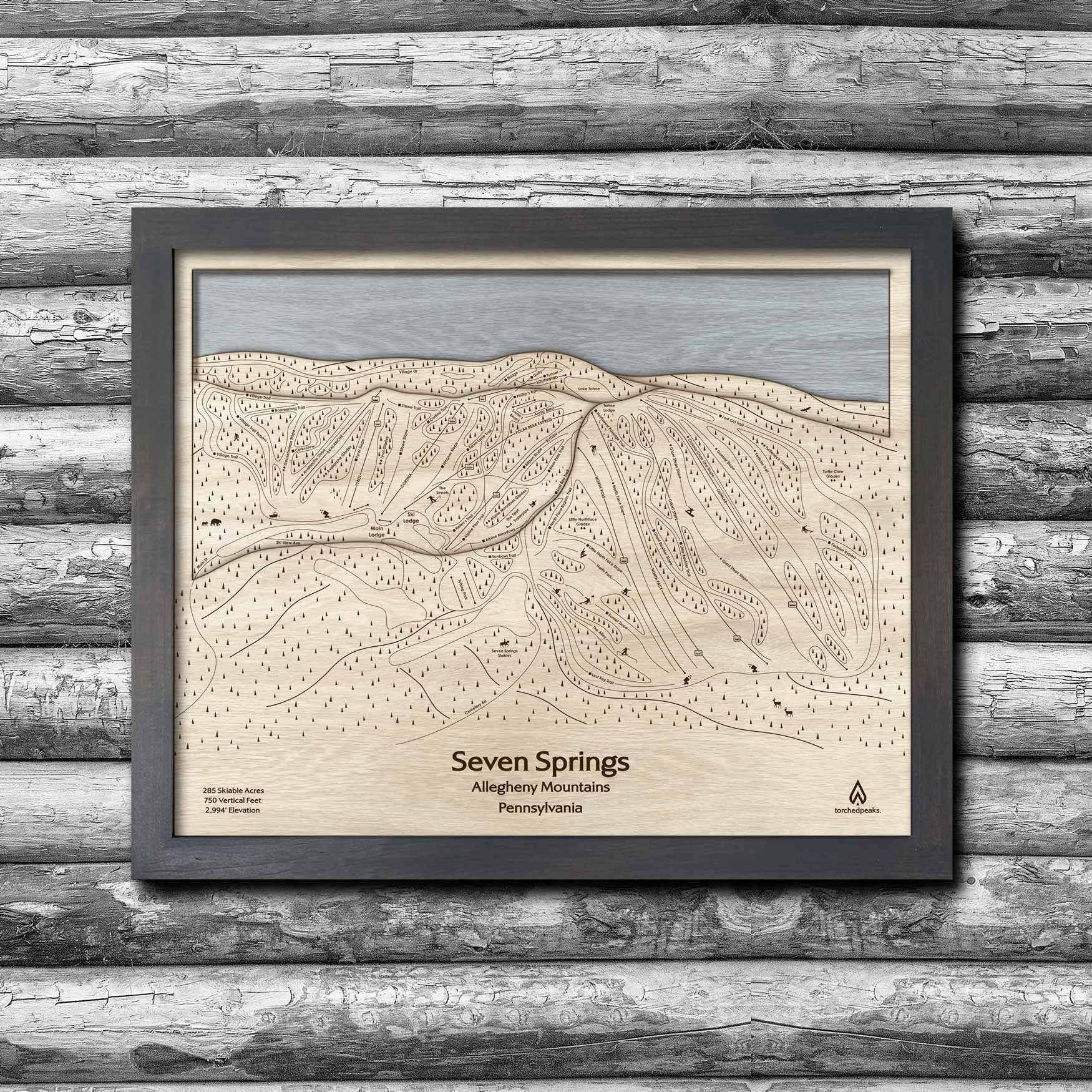 Seven Spring PA Ski Trail Map | 3D Laser-engraved mountain art by Torched Peaks