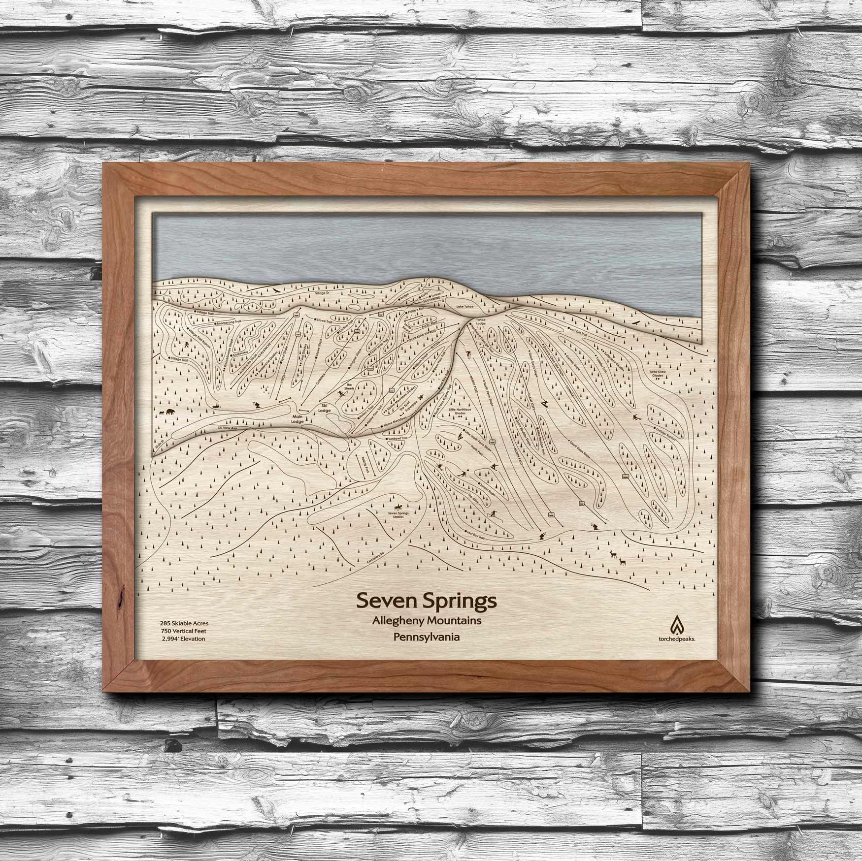 Seven Spring PA Ski Trail Map | 3D Laser-engraved mountain art by Torched Peaks