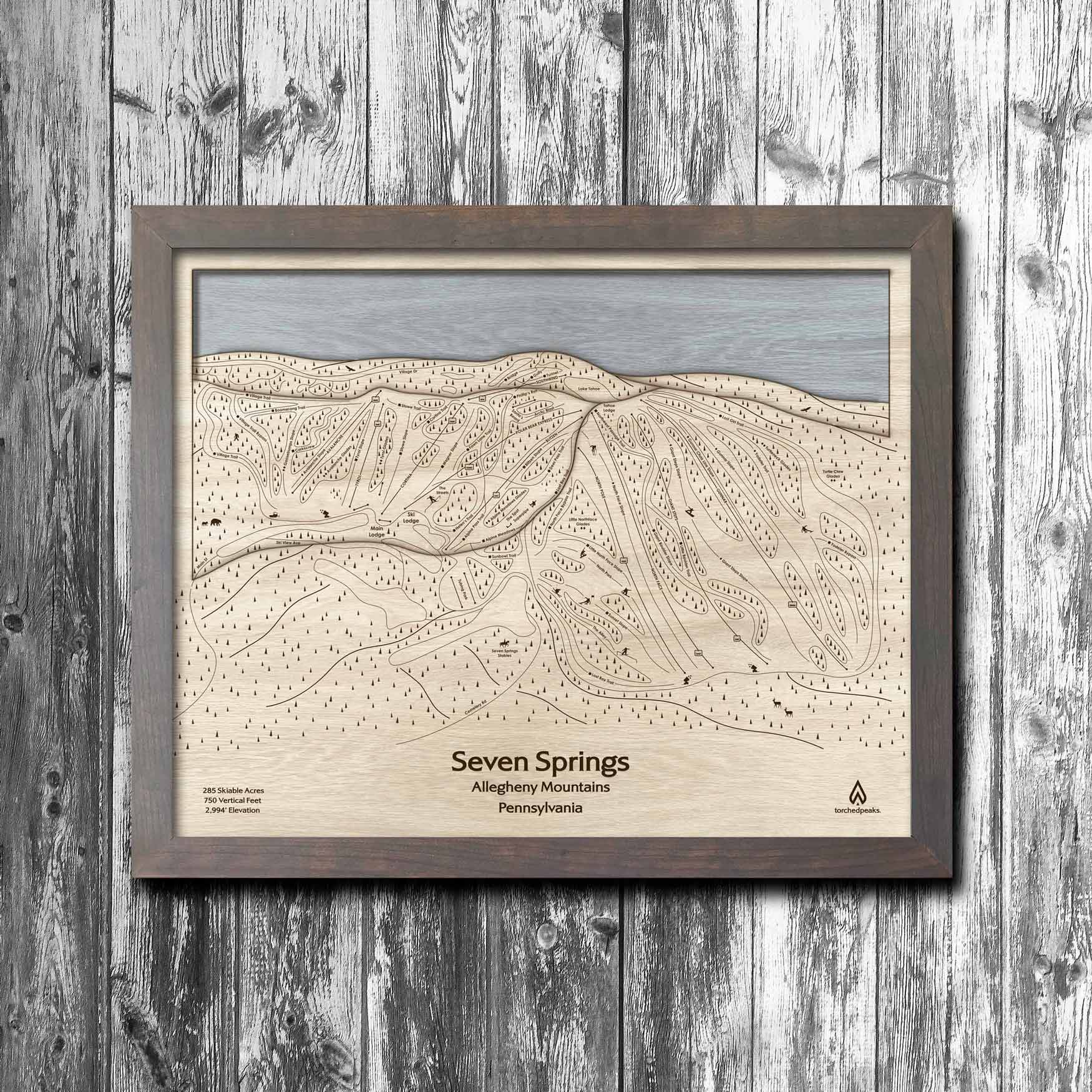 Seven Spring PA Ski Trail Map | 3D Laser-engraved mountain art by Torched Peaks