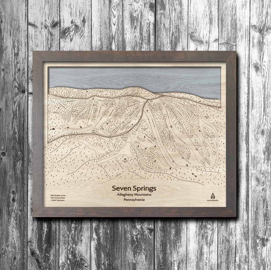Seven Spring PA Ski Trail Map | 3D Laser-engraved mountain art by Torched Peaks