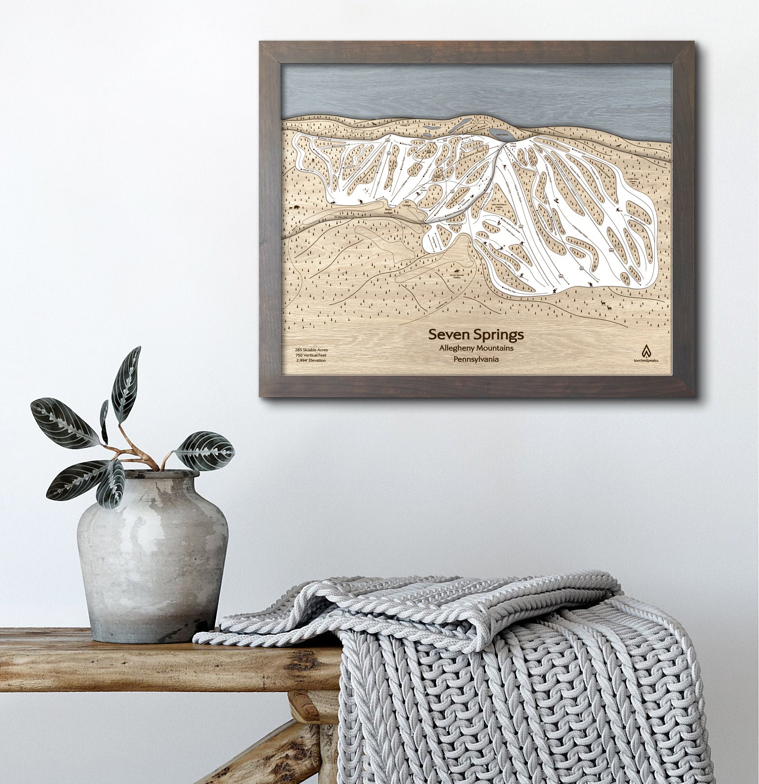 Seven Springs PA Ski Trail Map | 3D Wood Mountain Art | Torched Peaks