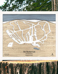 Framed wooden map of Ski Butternut Ski Slopes on a wooden stump with a forest background