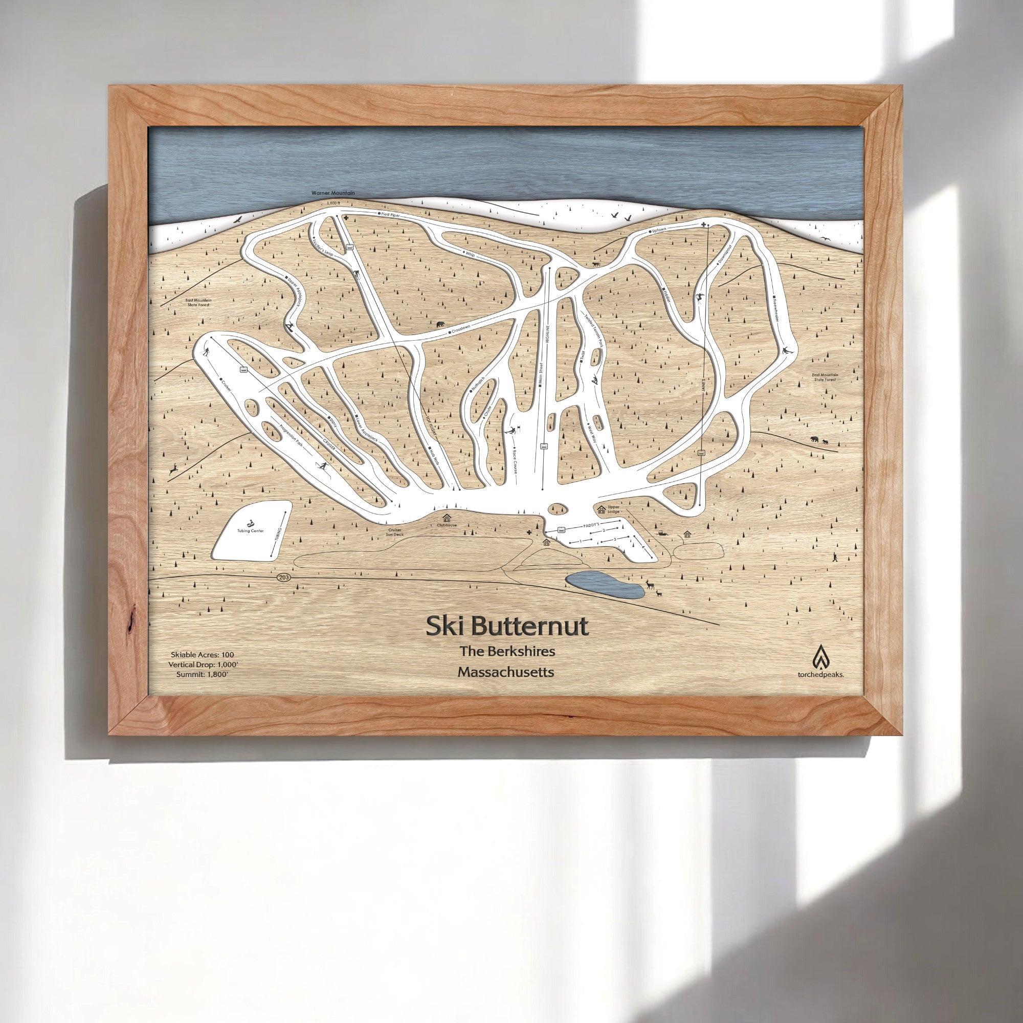 Wooden 3D wood map of Ski Butternut Ski Trails on a white wall in a bright and modern ski chalet. 
