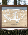Wooden map of Ski Butternut in the Berkshires, Massachusetts, displayed outdoors.