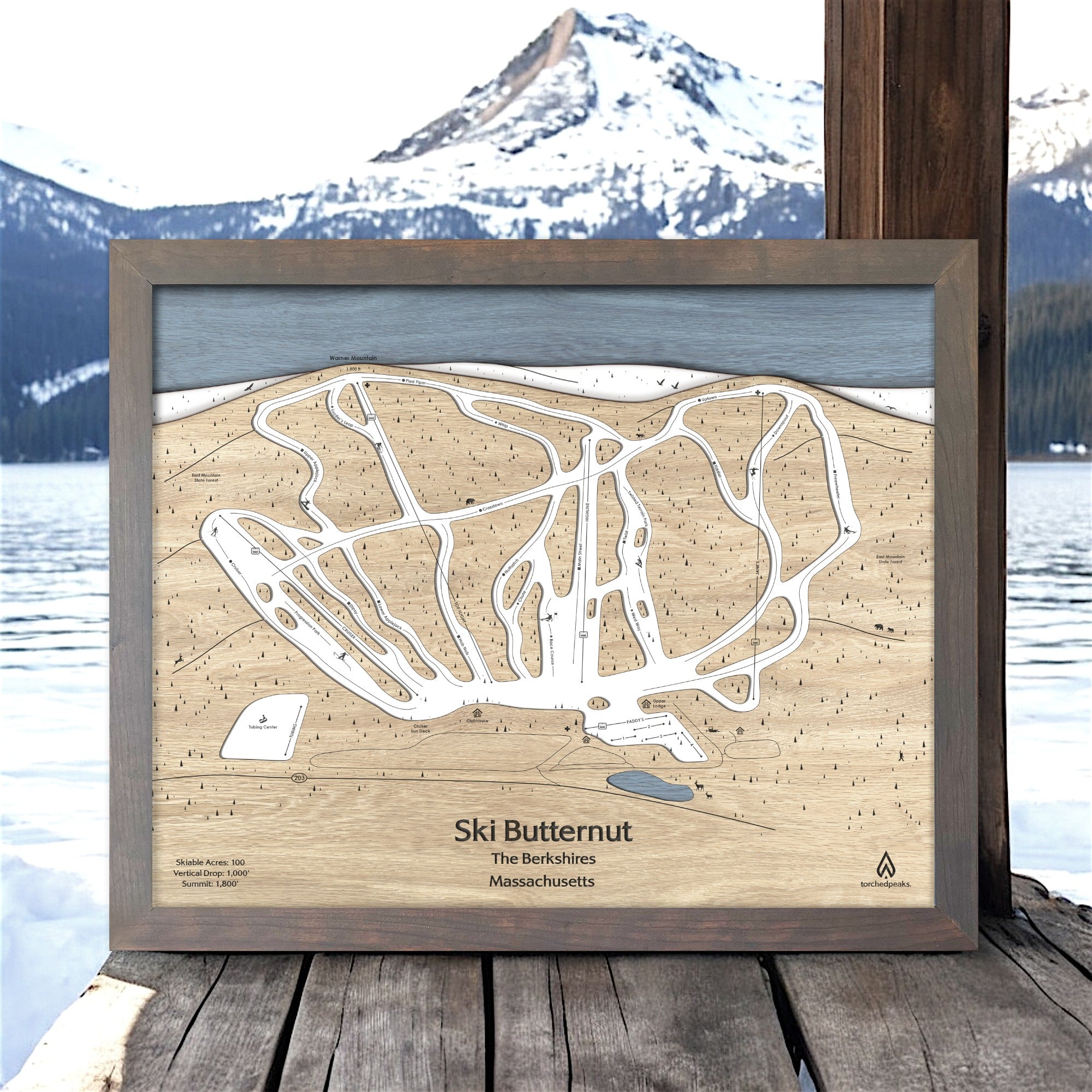Framed, large format map of Ski Butternut Ski Trails with a mountain and lake background
