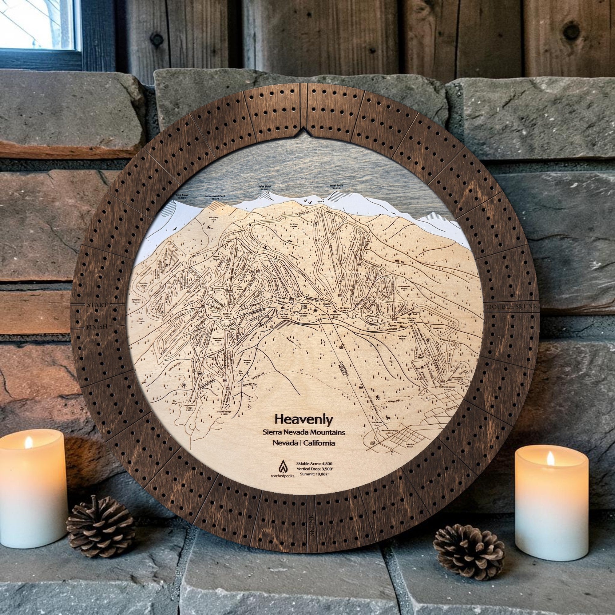 Rustic Mocha Ski Map Cribbage Board showcasing premium wood craftsmanship and engraved ski resort artwork.