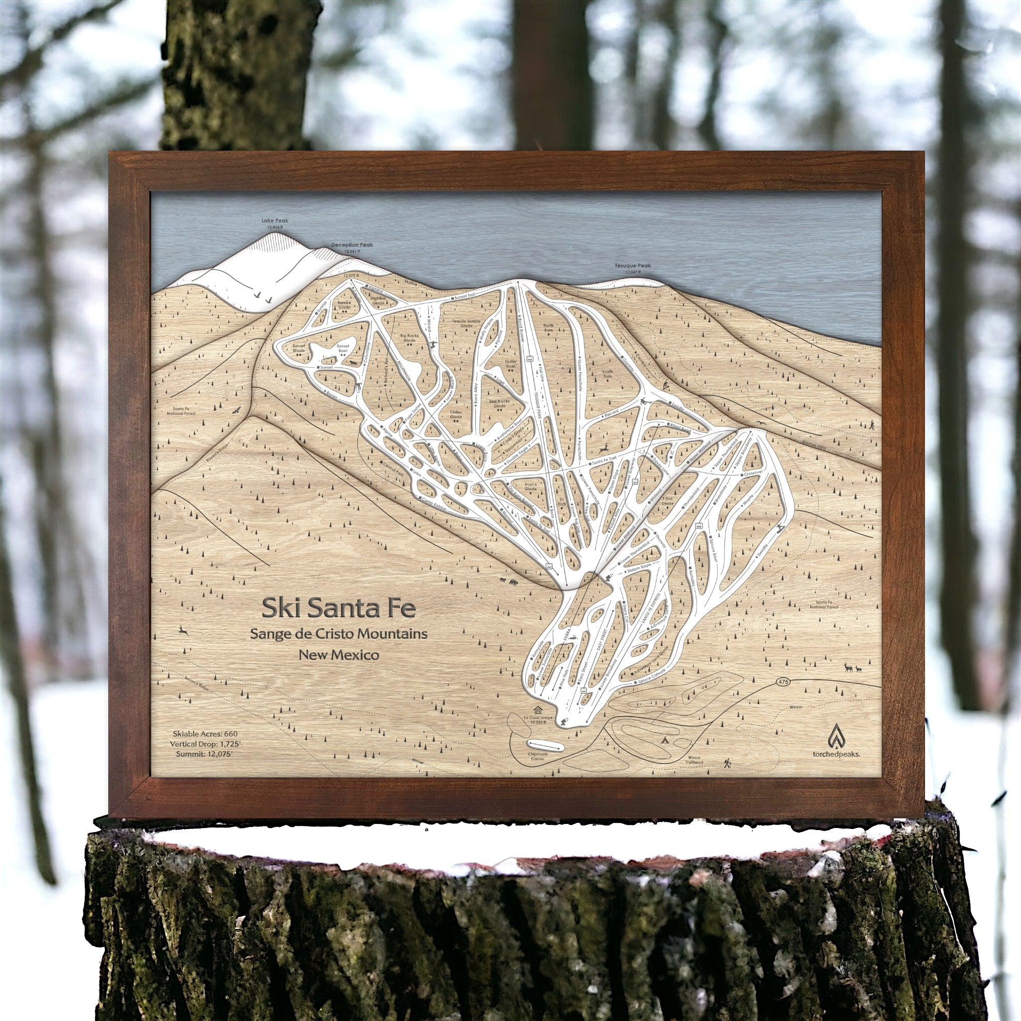 Wooden ski resort map of Ski Santa Fe on a tree stump with a forest background