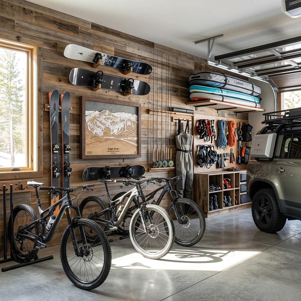 Handcrafted wood ski trail map displayed in a mountain home gear room with skis, snowboards, mountain bikes, paddleboards, and outdoor adventure equipment.